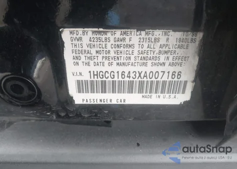 1999 Honda Accord Lx V6 z USA, uszkodzony, nr VIN 1HGCG1643XA007166